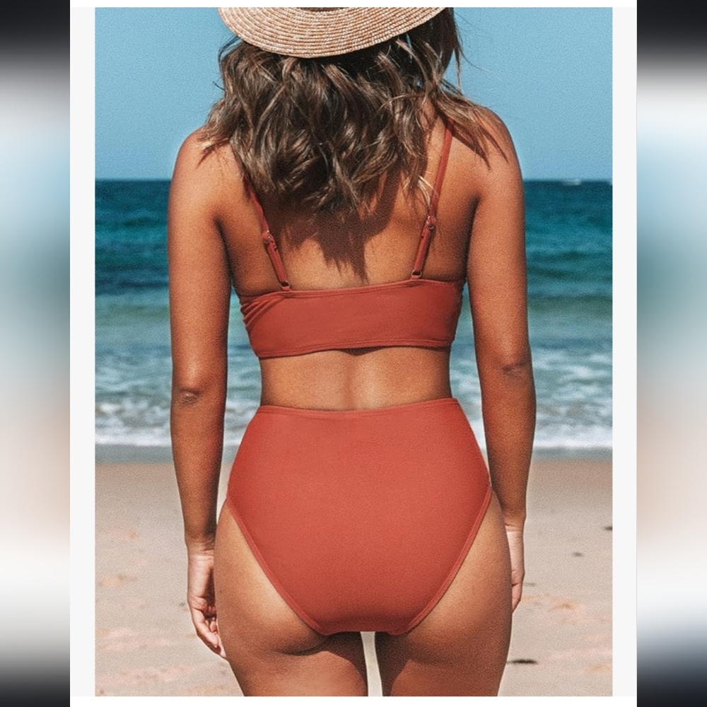Cupshe Marsala High Waisted Twisted Bathing Suit Bikini Bottom - Picture 2 of 4